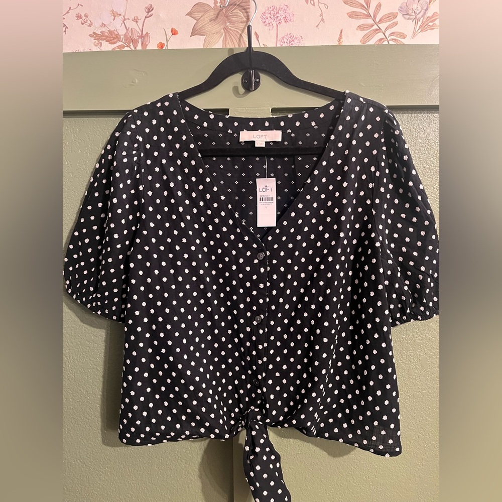 LOFT Black and White Polka Dot V-Neck Button Tie-Front Blouse